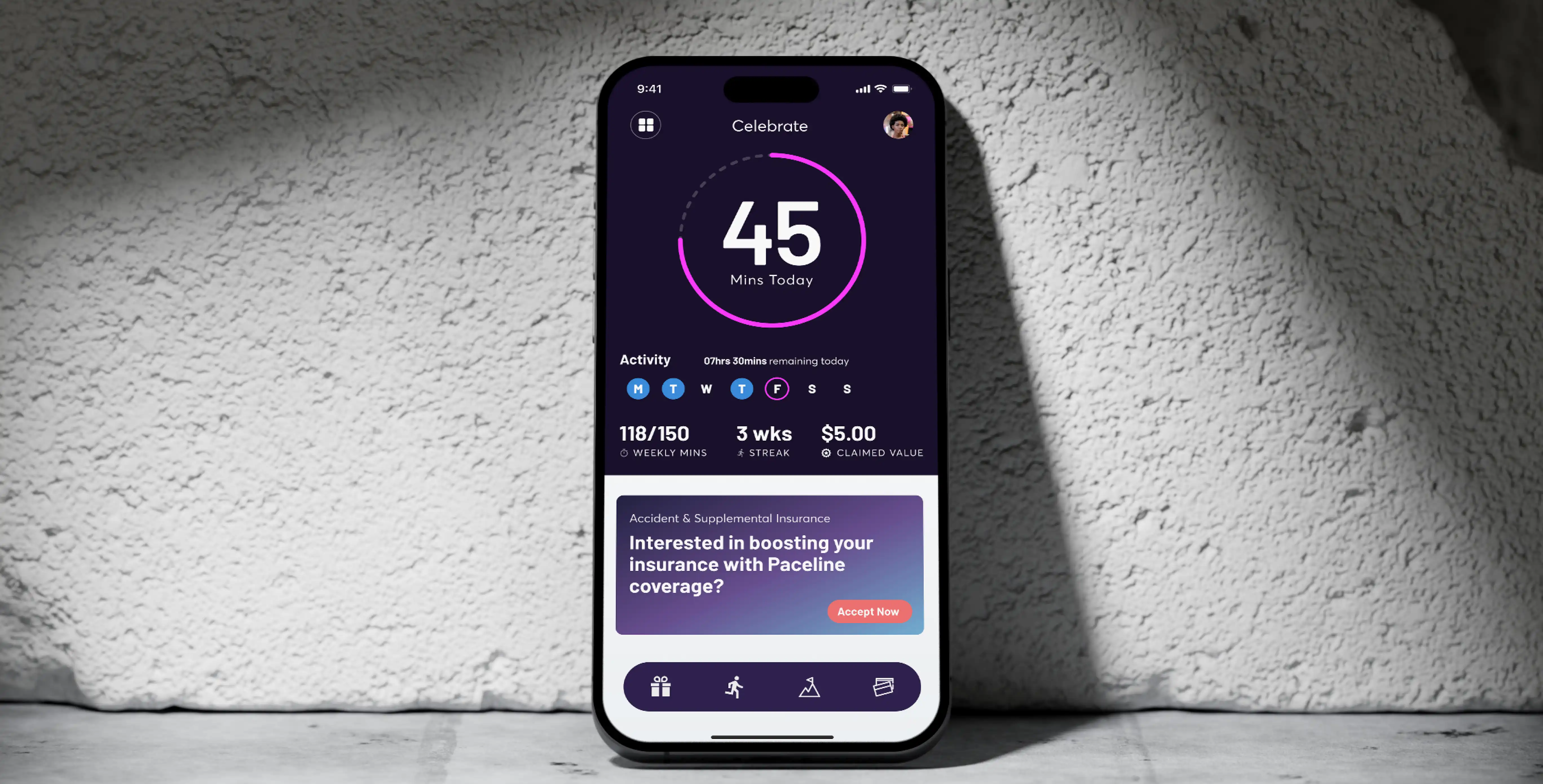 Paceline app showcasing credit card integration with fitness tracking features