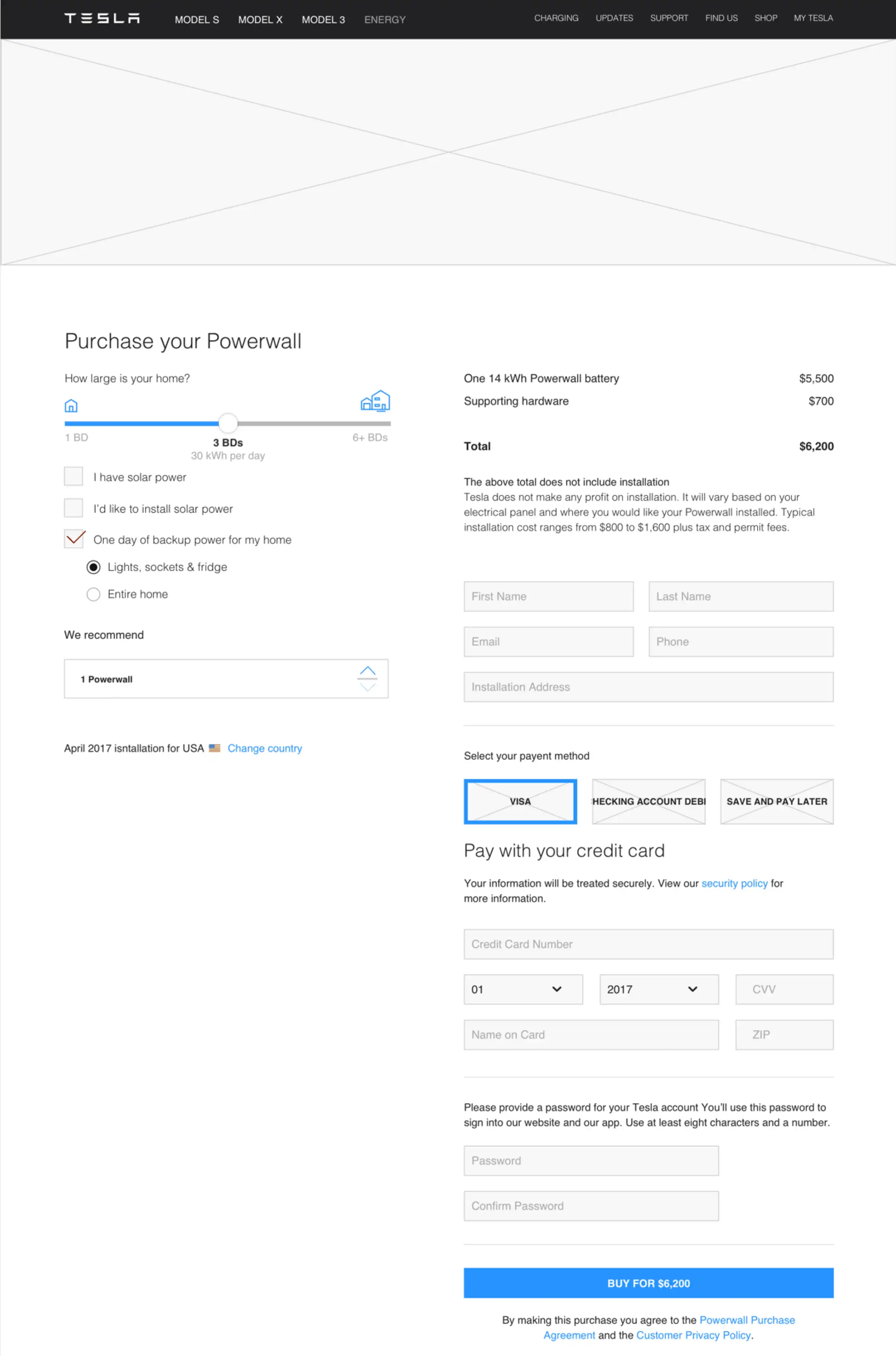 Tesla Solar Roof configurator user flow showing step-by-step customization process
